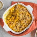 baked mac and cheese in white dish