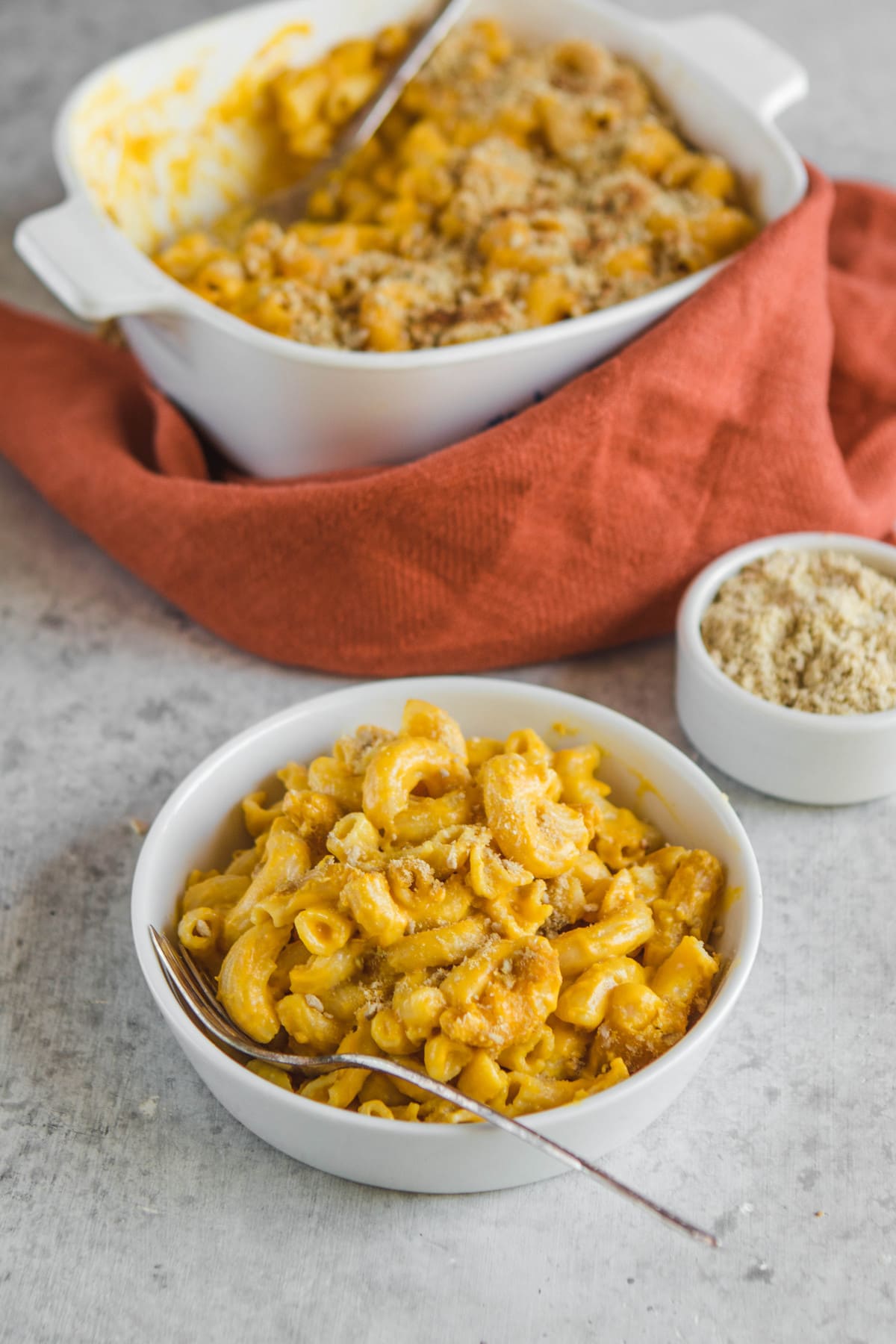 baked vegan mac and cheese in small dish