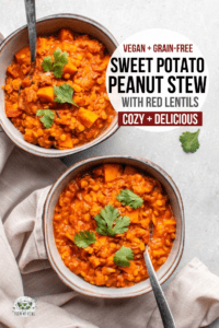 This Sweet Potato, Red Lentil, and Peanut Stew is healthy, hearty, and satisfying. It's a perfect dinner dish - and you only need one pot to make it! #sweetpotato #stew #africanstew #peanutstew #vegan #plantbased | frommybowl.com