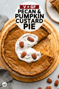 This Pumpkin Custard Pie has a delicious pecan & date crust and is the perfect healthy dessert to bring to a holiday meal! #pumpkinpie #pumpkin #pie #plantbased #vegan #oilfree | frommybowl.com