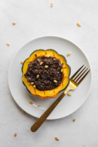 Maple Roasted Acorn Squash with Lentil, Rice, Mushroom Stuffing - Easy Holiday Recipe #vegan #plantbased