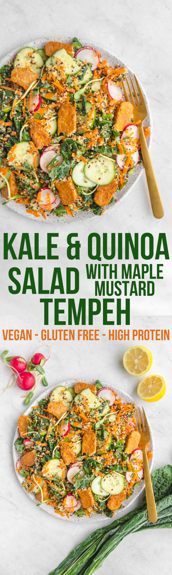 This Kale & Quinoa Salad with Tempeh is an easy and healthy vegan dinner idea! #vegan #salad #quinoa #kale #plantbased #glutenfree
