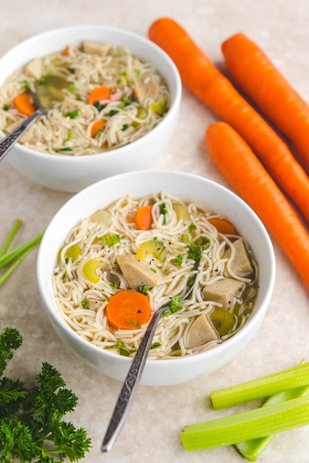 Loaded Vegan "Chicken" Noodle Soup - From My Bowl