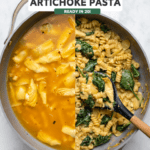 side by side photos of large pan with uncooked pasta on the left and fully cooked pasta with spinach on the right