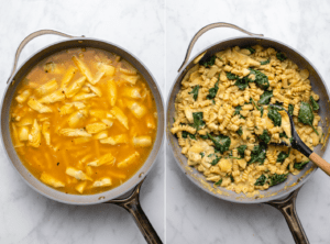 side by side photos of large pan with uncooked pasta on the left and fully cooked pasta with spinach on the right