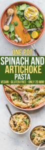 one pot spinach and artichoke pasta in two small bowls with forks