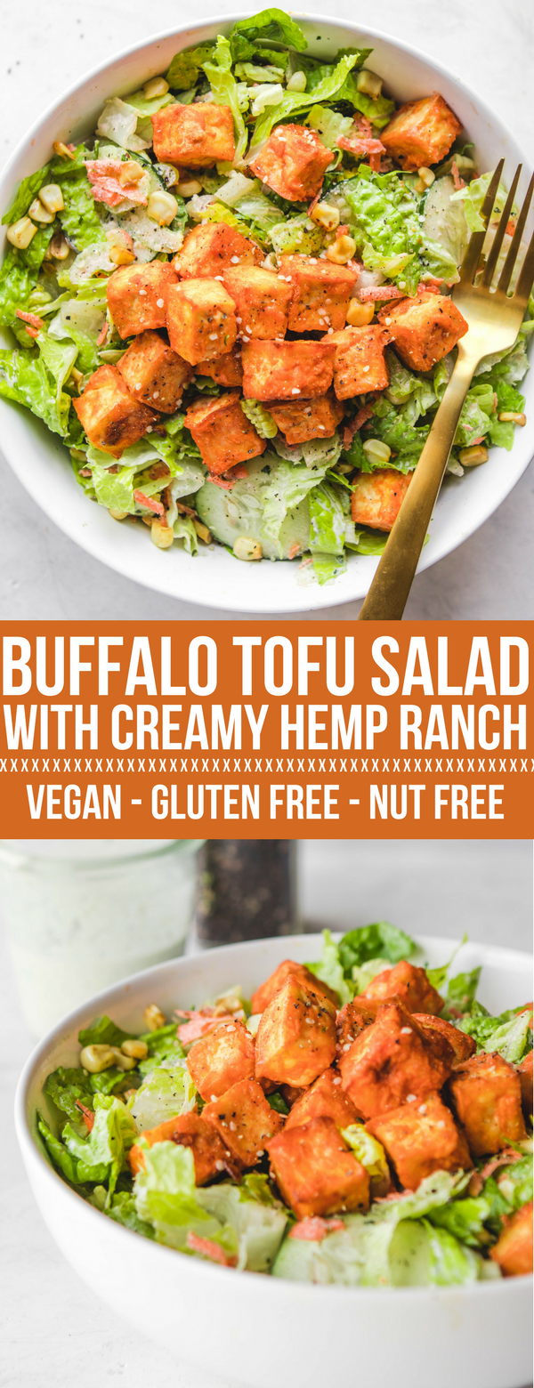 buffall tofu salad in white bowl pinnterest image