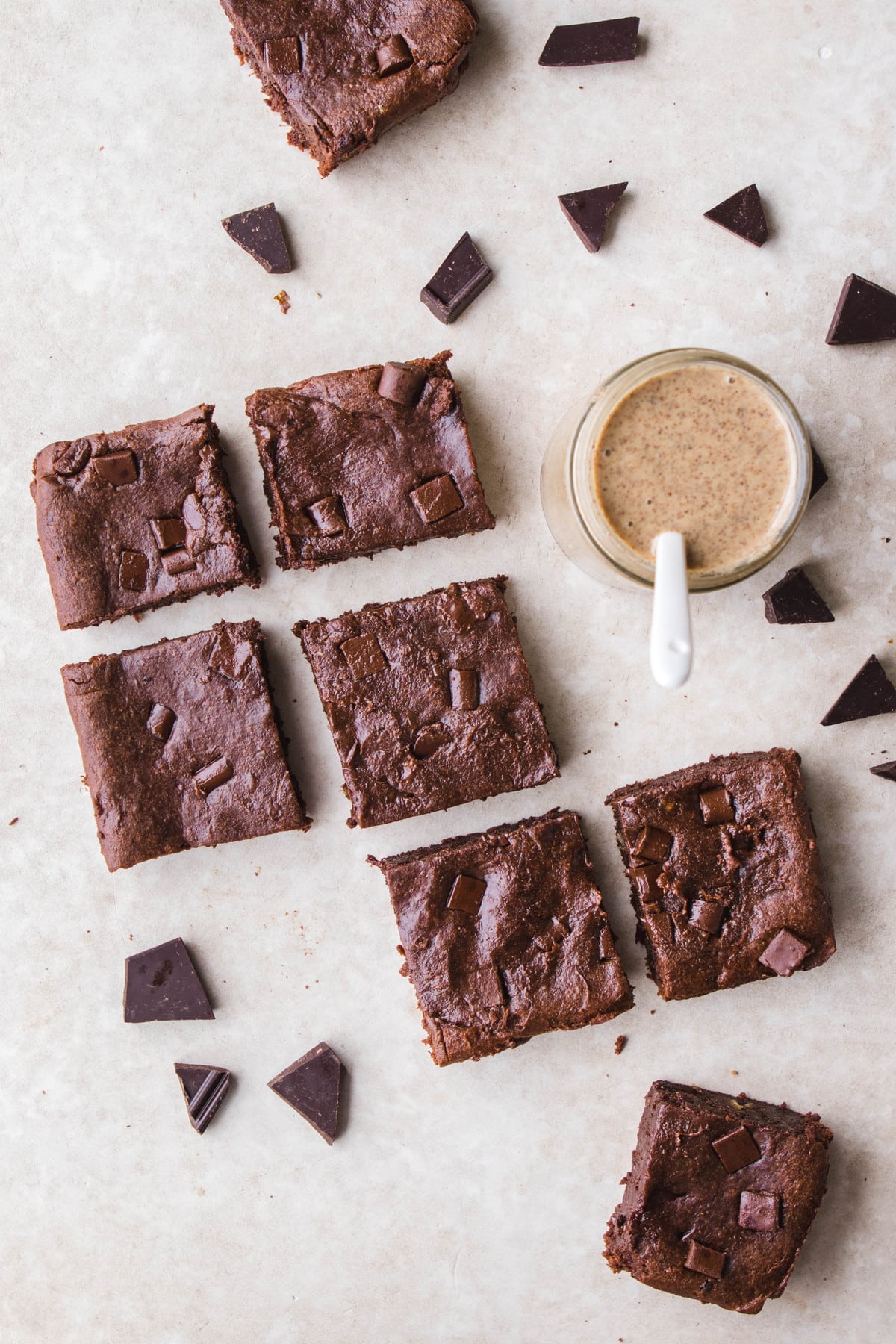 overhead shot of brownies with almond butter