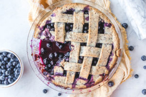 A Vegan Blueberry Pie that is refined sugar free, grain free, gluten free, and tasty! #blueberrypie #plantbased #vegan #blueberry #veganpie #pie #grainfree #healthydessert #dessert #oilfree via frommybowl.com