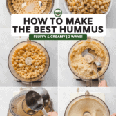 step-by-step collage of photos showing how to make hummus in the food processor