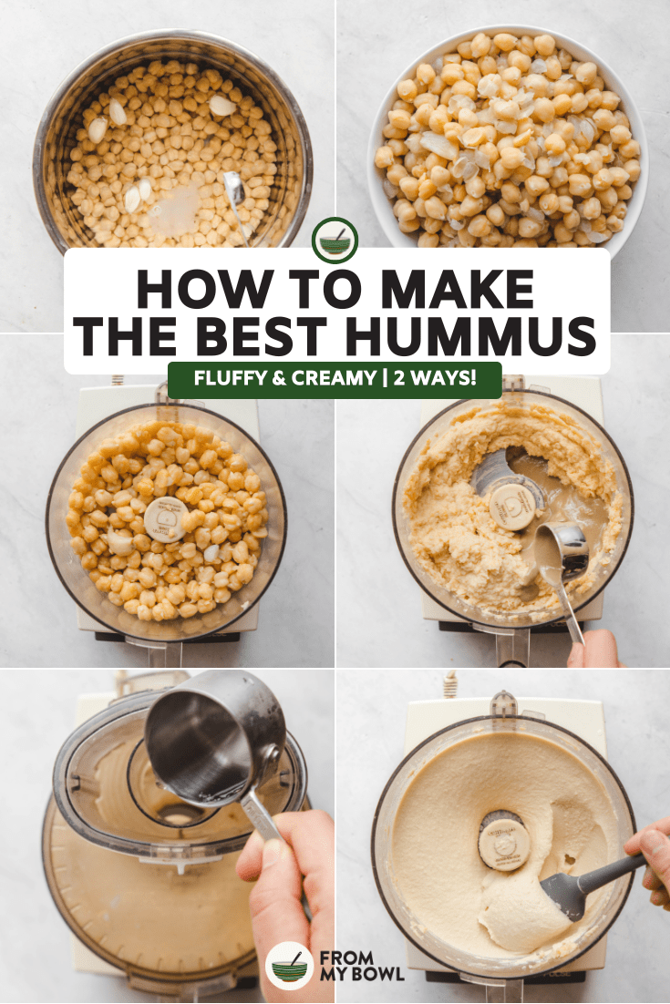 step-by-step collage of photos showing how to make hummus in the food processor