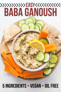 This Baba Ganoush Recipe is easy, healthy, oil-free, and naturally gluten-free! This smoky, silky dip is perfect with some warm pita, or alongside roasted vegetables. #vegan #plantbased #glutenfree #grainfree #babaganoush #eggplant #dip #spread via frommybowl.com
