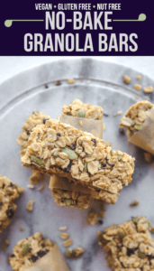 No-Bake Granola Bars that are Vegan, Nut Free and Gluten Free! Made with only 8 healthy plant-based ingredients. #vegan #plantbased #granolabar #nobake #glutenfree #nutfree #breakfast #mealprep via frommybowl.com