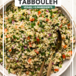 Quinoa tabbouleh in white bowl with spoon on marble background