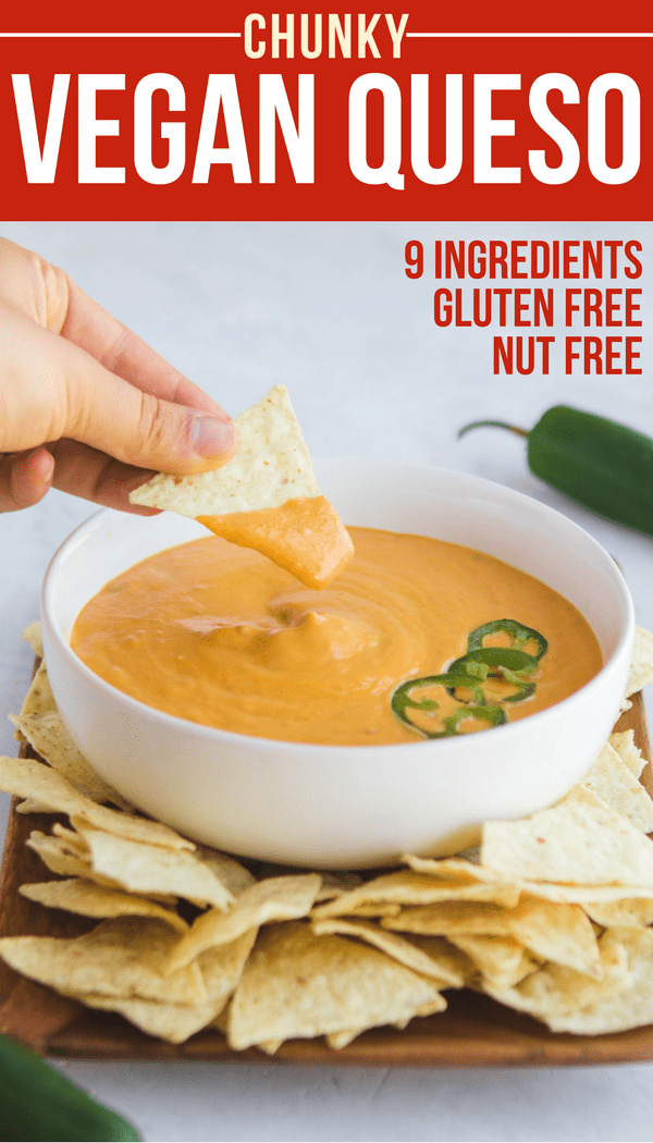 The ULTIMATE Vegan Queso! Made with only 9 Ingredients, this spicy dairy-free dip is healthy, vegan, and gluten-free. Perfect with Chips or on Burritos, Tacos, and more!