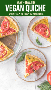 This Vegan Quiche recipe is Soy, Gluten, and Grain Free, but tastes absolutely amazing! Made with Tomatoes, Caramelized Onions, and Dill, it's perfect for a weekend brunch or hearty breakfast. #vegan #plantbased #brunch #healthybrunch #quiche #veganquiche #soyfree via frommybowl.com