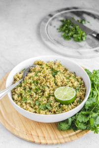 white serving bowl filled with cilantro lime rice