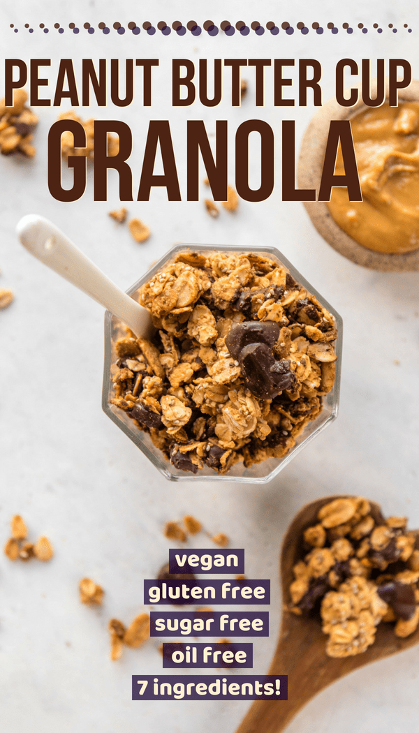 Vegan, Gluten Free, and Refined Sugar-Free, this Peanut Butter Cup Granola tastes just like dessert, but is full of healthy and wholesome ingredients! Vegan, Gluten Free, Refined Sugar-Free. #vegan #plantbased #glutenfree #refinedsugarfree #oilfree #granola #breakfast #mealprep #peanutbutter #peanutbuttercup #chocolategranola #healthybreakfast #onthego #healthysnack via frommybowl.com