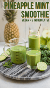 This Pineapple Mint Smoothie is refreshing and tasty, but made with only 9 healthy ingredients! Perfect for a fast and easy breakfast or afternoon snack. Vegan, Gluten Free, and Healthy #smoothie #greensmoothie #pineapple #mint #pineapplesmoothie #healthysmoothierecipe #vegansmoothierecipe #vegan #plantbased #summerbreakfast #breakfast via frommybowl.com