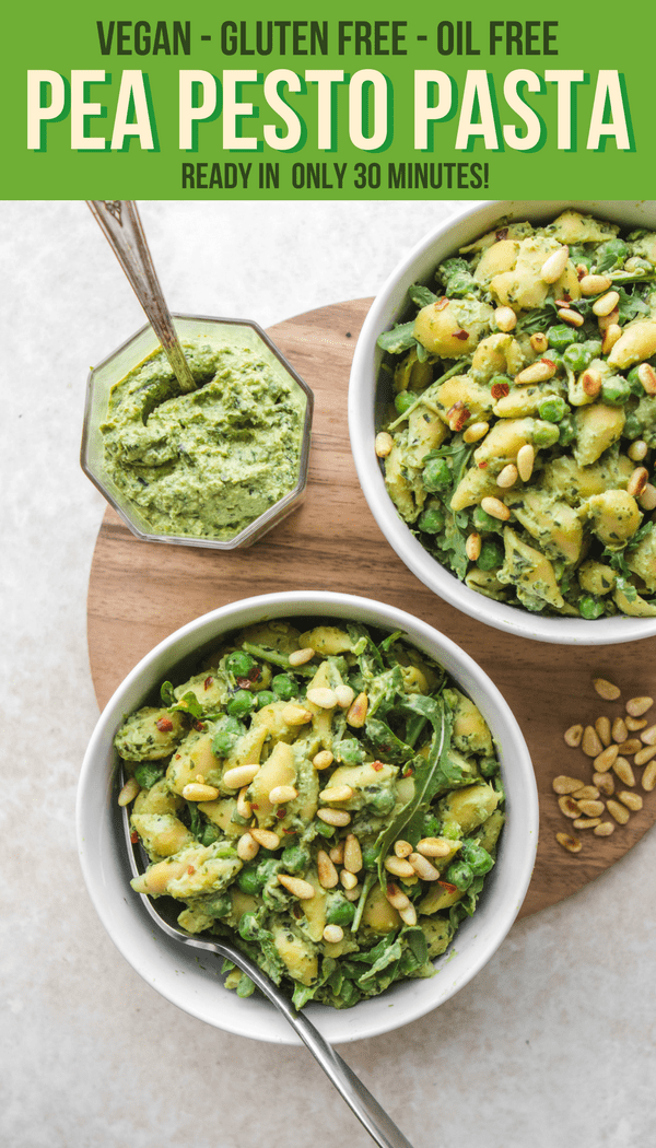 This 7-Ingredient Pea Pesto Pasta recipe is Vegan, Gluten-Free, Oil-Free, and Healthy! Made with Fresh Basil and Toasted Pine Nuts, this meal is great for a tasty Dinner or Meal Prep. #vegan #plantbased #easydinner #30minutemeal #mealprep #pesto #pestopastarecipe #glutenfree #healthydinner #healthyveganrecipes via frommybowl.com