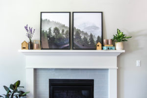 photos and miscellaneous decor over fireplace mantle