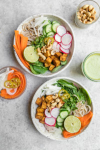two assembled banh mi bowls with crispy tofu