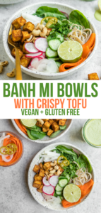 These Banh Mi Bowls are filled with Crunchy Pickled Veggies, Crispy Tofu, Rice Noodles, and TONS of flavor - plus, they're Vegan and Gluten Free! Perfect for Meal Prep or a Buddha Bowl Craving #banhmi #veganbanhmi #glutenfree #plantbased #vegan #mealprep #buddhabowl #veganbowls via frommybowl.com