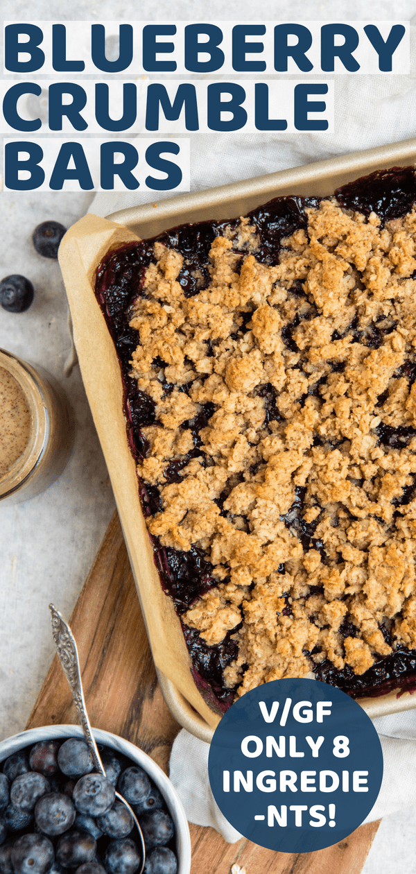 These Blueberry Crumble bars are Vegan, Gluten-Free, and Oil-Free, and made with only 9 healthy ingredients! A tasty, delicious, and easy-to-make dessert. #vegan #plantbased #summerdessert #glutenfree #crumblebars #healthyvegandessert #blueberry via frommybowl.com
