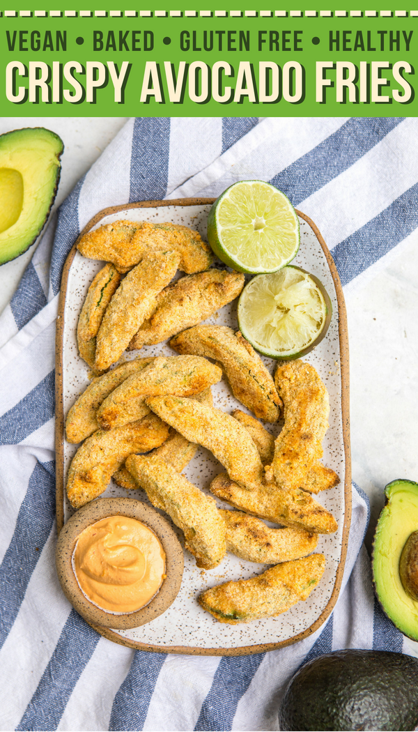 These Baked Avocado Fries are oven-baked and oil-free, but still crispy and tasty! Vegan, Gluten-Free, and only 7 ingredients. #avocadofries #vegan #plantbased #glutenfree #avocado #avocadorecipes #avocadotacos #oilfree via frommybowl.com