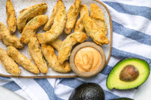 avocado fries on white tray with chipotle mayo