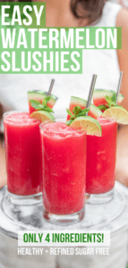 This refreshing Watermelon Slushie Recipe is made with only 4 healthy ingredients! It's easy to make and perfect for a hot summer day. Vegan, Gluten-Free, and Refined Sugar Free #watermelon #healthyslushie #smoothie #summerdrinks #refinedsugarfree #vegan #plantbased via frommybowl.com