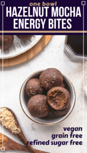 These Hazelnut Mocha Energy Bites are an indulgent yet healthy treat! Loaded with Coffee, Hazelnut Meal, and Cacao, plus they're Grain-Free & Vegan too. Perfect for Meal Prep, an afternoon treat, or healthy dessert! #vegan #plantbased #energybites #nobake #hazelnut #mocha #coffee #grainfree #glutenfree via frommybowl.com