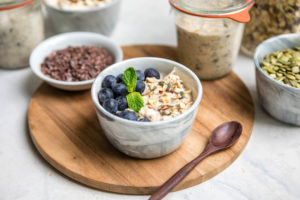 bowl of muesli with blueberries and fresh mint