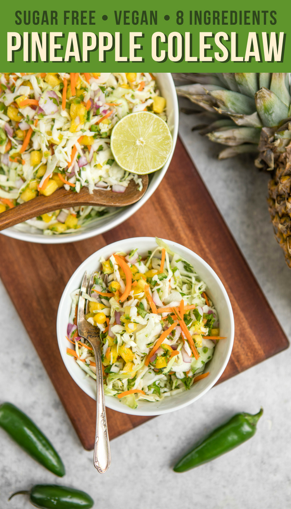 Healthy and delicious, this vinegar-based Pineapple Coleslaw is Sugar-Free and made from only 8 ingredients! Serve with Burgers, Tacos, or as a Picnic side. #plantbased #healthycoleslaw #picnicrecipes #vegan #glutenfree #summersalad #coleslaw #pineapplecoleslaw #pineapple #sugarfree #healthycookoutfood #healthypicnicfood #picnic #sugarfreevegan via frommybowl.com