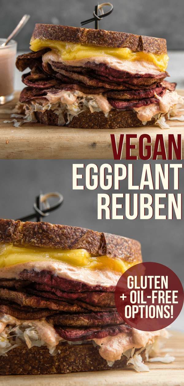 You'll never believe that this Vegan Reuben Sandwich is made from Eggplant! It has all the flavors of the classic stack, but this one is Oil-Free, Gluten-Free, and Vegan. #vegan #plantbased #glutenfree #reuben #eggplant #veganreuben #healthyreuben #vegansandwich #sandwichrecipes #sandwich #russiandressing via frommybowl.com