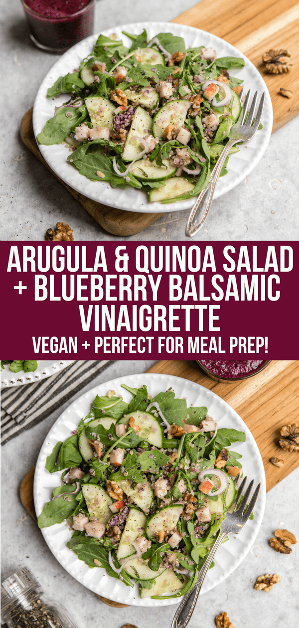 Simple and Satisfying, this Quinoa & Arugula Salad is full of fresh wholesome ingredients. The Blueberry Balsamic Vinaigrette takes it to the next level! #vegan #plantbased #salad #blueberryvinaigrette #mealprep #summersalad #quinoasalad via frommybowl.com