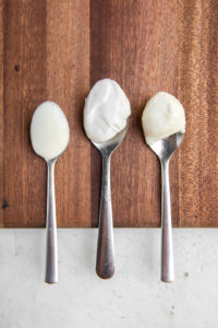 spoons of tofu, store-bought, and cashew mayo