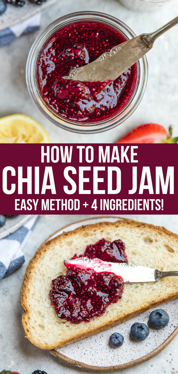 Skip the refined sugars and make your own healthy Chia Seed Jam using only 4 basic ingredients! It's perfect on toast, in oatmeal, on sandwiches, and more. #vegan #plantbased #sugarfree #chiajam #chiaseeds #chiaseedjam #healthyjam #glutenfree via frommybowl.com