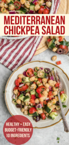 This Mediterranean Chickpea Salad is healthy, hearty, and made with only 10 ingredients! A perfect side or main, it's packed with fiber and plant protein. #chickpeasalad #chickpea #budgetfriendly #vegan #plantbased #glutenfree #mealprep #oilfree #wholefoods via frommybowl.com