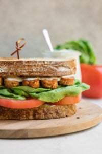 side shot of vegan BLT sandwich