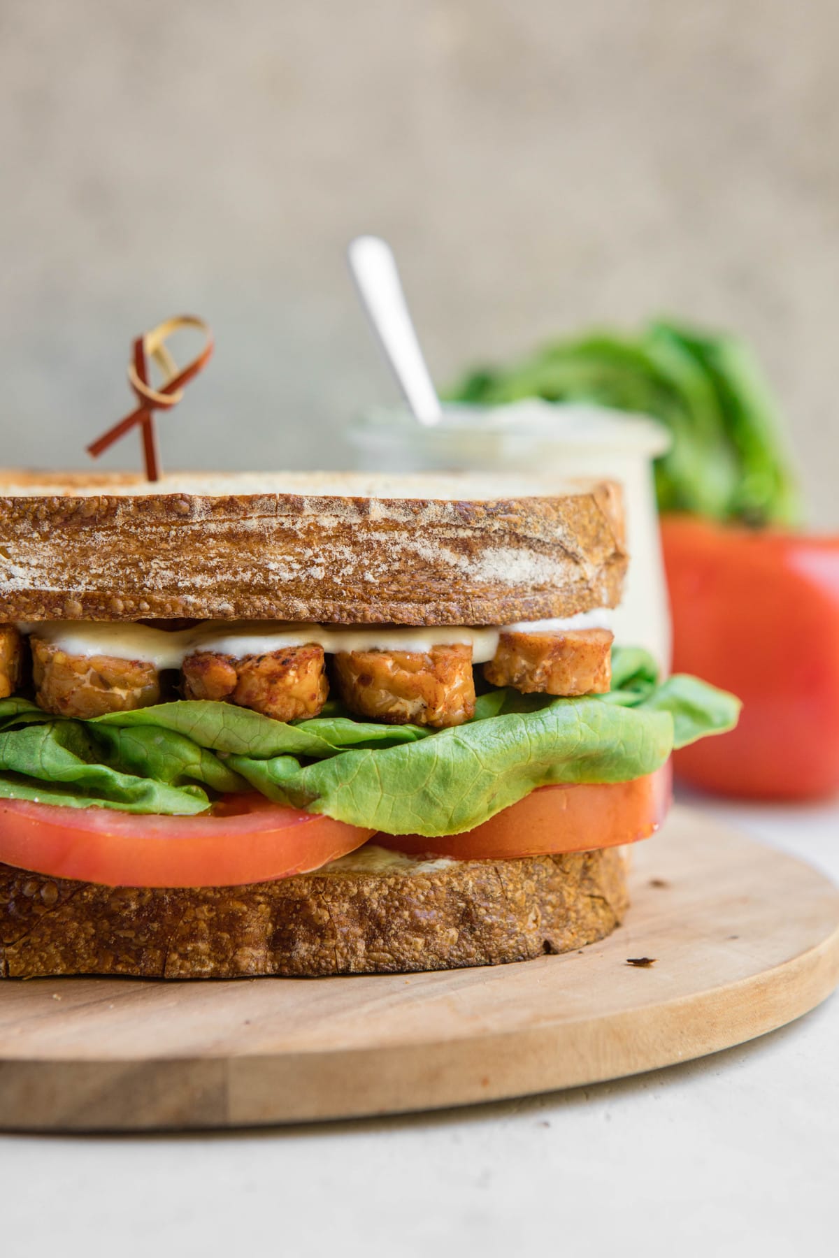 side shot of vegan BLT sandwich
