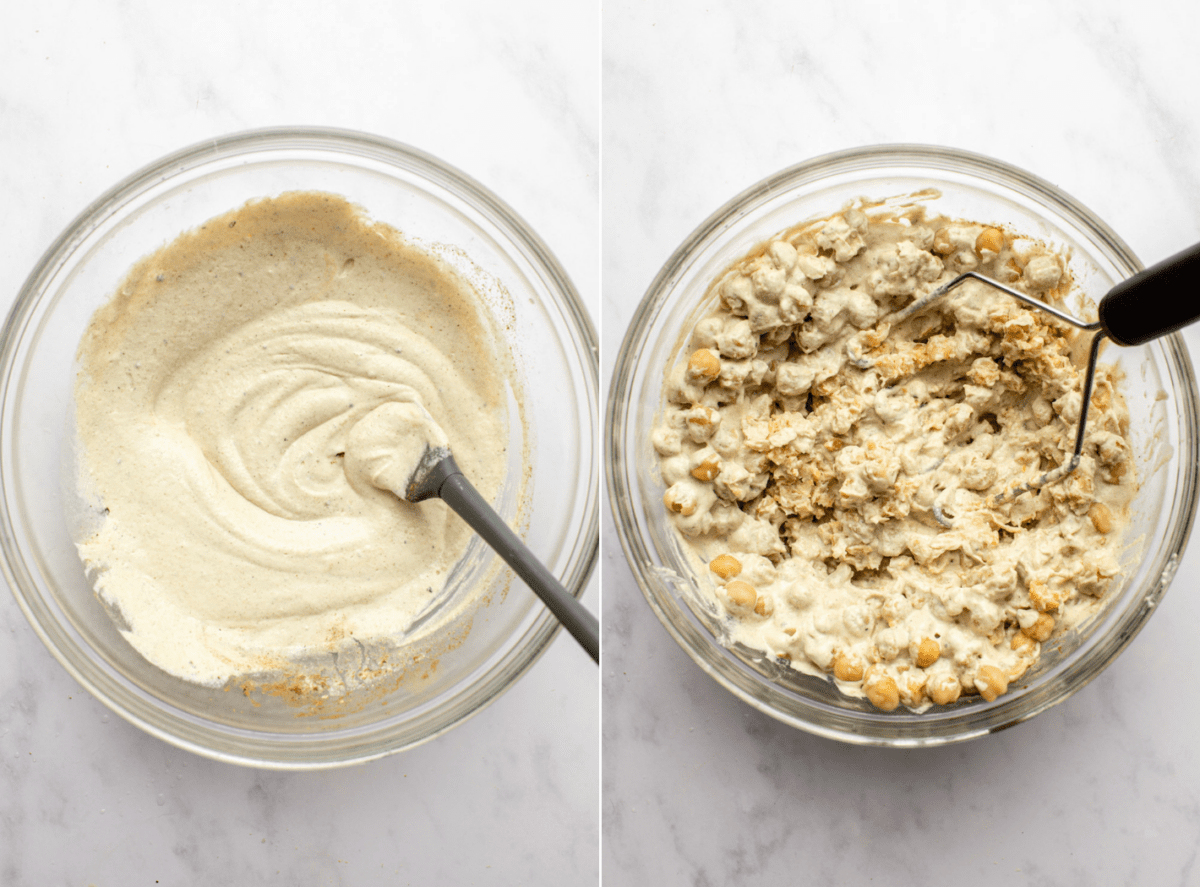 Side-by-side photos of vegan mayo in a bowl next to a bowl of mayo with mashed chickpeas in it