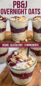 These PB&J Overnight Oats are full of creamy layers of Peanut Butter and Chia Jam. A hearty, filling, and a great way to enjoy the classic sandwich...for breakfast! Gluten Free, Vegan, and great for Meal Prep #overnightoats #peanutbutter #pbj #vegan #glutenfree #plantbased #easybreakfast #healthybreakfast #oatmeal via frommybowl.com