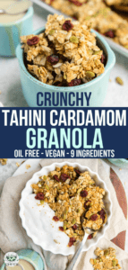 This Tahini Cardamom Granola is incredibly crunchy and bursting with flavor, but it's Oil Free and made with only 9 plant-based ingredients! A perfect On-The-Go Breakfast or tasty Snack.