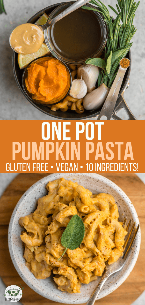 This One Pot Pumpkin Pasta could not be easier! Cooking the Pasta with the Dairy-Free Pumpkin Sauce both saves time and adds flavor to this quick Vegan & Gluten-Free meal. #pasta #onepot #onepotpasta #vegan #glutenfree #mealprep #pumpkinpasta #pumpkin via frommybowl.com