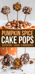 These Pumpkin Spice Cake Pops are made from a base of fluffy Pumpkin Bread and Cream "Cheese" Frosting, then dipped in chocolate for a yummy treat! Plus they're Vegan, Gluten-Free, and Oil-Free! #pumpkin #pumpkinspice #cakepops #vegan #glutenfree #oilfree #pumpkindessert via frommybowl.com