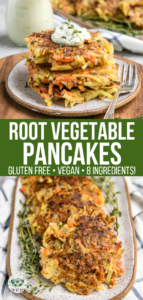 These Root Vegetable Pancakes are extra nutritious and delicious thanks to Sweet Potatoes and Carrots. Perfect for a savory breakfast, they're also Vegan, Gluten-Free, and Oil-Free! #potatopancakes #vegan #glutenfree #vegetablepancakes #oilfree #mealprep #pancakes #eggfree via frommybowl.com