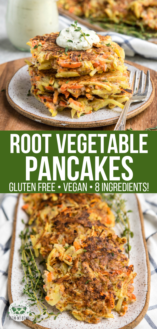 These Root Vegetable Pancakes are extra nutritious and delicious thanks to Sweet Potatoes and Carrots. Perfect for a savory breakfast, they're also Vegan, Gluten-Free, and Oil-Free! #potatopancakes #vegan #glutenfree #vegetablepancakes #oilfree #mealprep #pancakes #eggfree via frommybowl.com