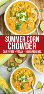 This Summer Corn Chowder is thick, creamy, and full of fresh summer ingredients like Jalapeño, Cilantro, and Red Onions. Great for Meal Prep or an easy dinner, it's also Dairy-Free and Vegan! #cornchowder #vegan #dairyfree #plantbased #veganchowder #summersoup #soup #summer #corn via frommybowl.com