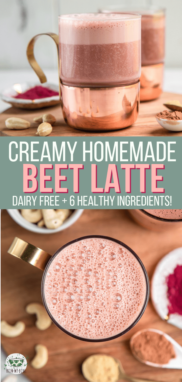 Skip the coffee shop and make your own Beet Latte at home with this easy recipe! This cozy and creamy pink latte is perfect for a chilly day #latte #beetlatte #beetpowder #beetrecipes #vegan #plantbased #dairyfree via frommybowl.com